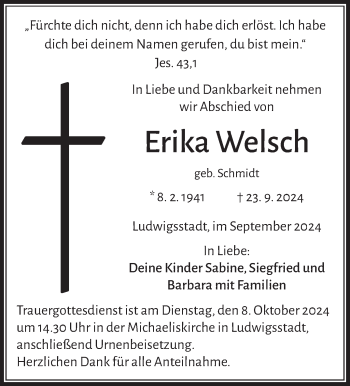 Traueranzeige von Erika Welsch von Neue Presse Coburg