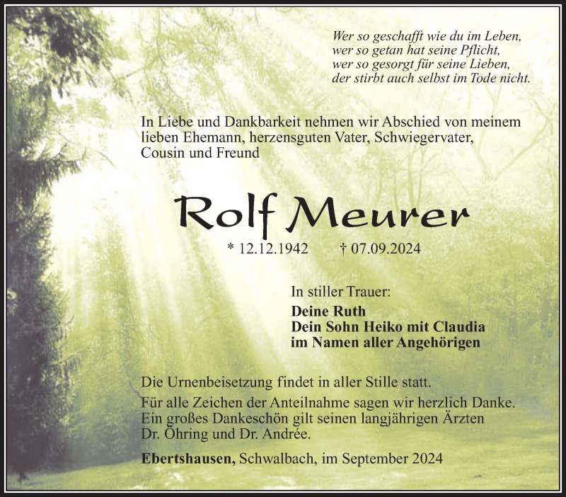  Traueranzeige für Rolf Meurer vom 14.09.2024 aus Südthüringer Presse