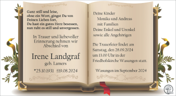 Traueranzeige von Irene Landgraf von Südthüringer Presse