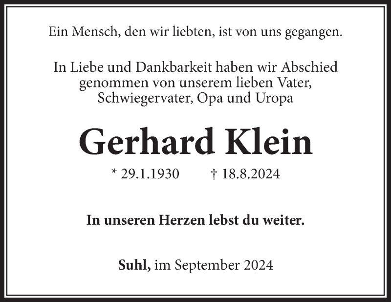  Traueranzeige für Gerhard Klein vom 14.09.2024 aus Südthüringer Presse
