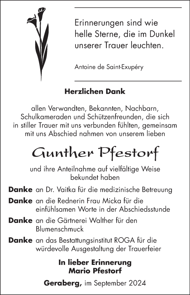  Traueranzeige für Gunther Pfestorf vom 21.09.2024 aus Südthüringer Presse