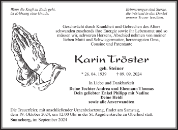 Traueranzeige von Karin Tröger von Südthüringer Presse
