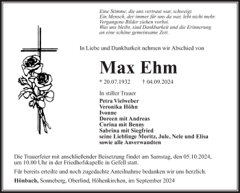 Traueranzeige von Max Ehm von Südthüringer Presse