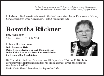 Traueranzeige von Roswitha Rückner von Südthüringer Presse