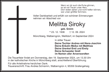Traueranzeige von Melitta Siroky von Frankenpost