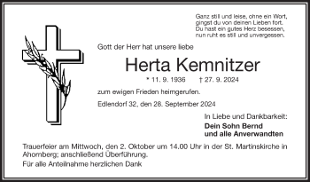 Traueranzeige von Herta Kemnitzer von Frankenpost