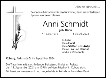 Traueranzeige von Anni Schmidt von Neue Presse Coburg