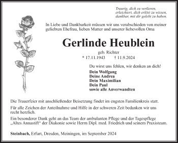 Traueranzeige von Gerlinde Heublein von Südthüringer Presse