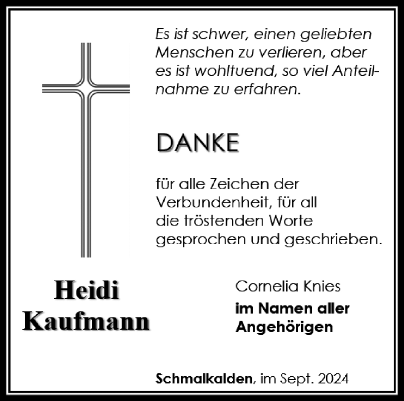  Traueranzeige für Heidi Kaufmann vom 21.09.2024 aus Südthüringer Presse