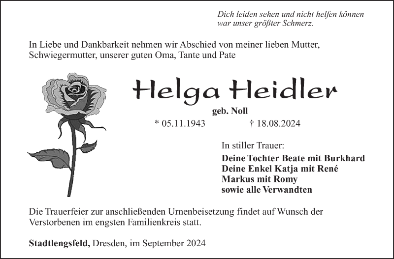  Traueranzeige für Helga Heidler vom 07.09.2024 aus Südthüringer Presse
