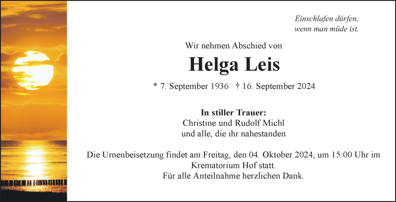 Traueranzeige für Helga Leis vom 28.09.2024 aus Frankenpost