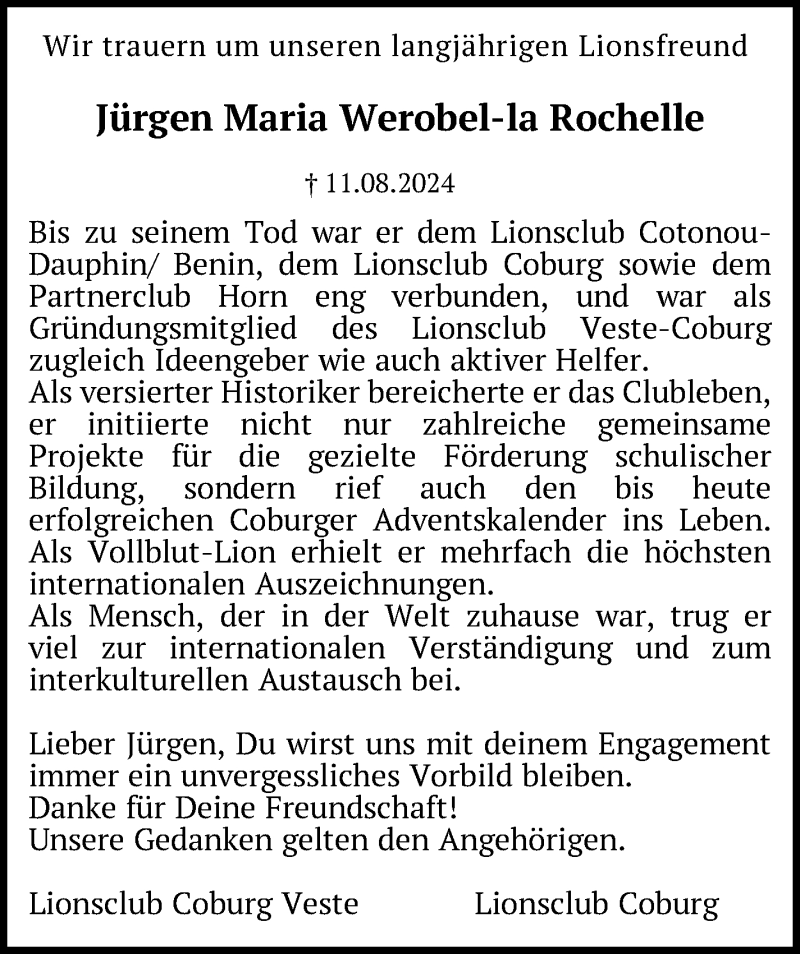  Traueranzeige für Jürgen Maria Werobel-la Rochelle vom 21.09.2024 aus Neue Presse Coburg