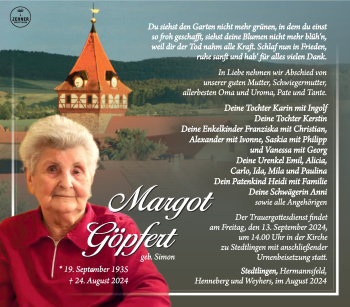 Traueranzeige von Margot Göpfert von Südthüringer Presse
