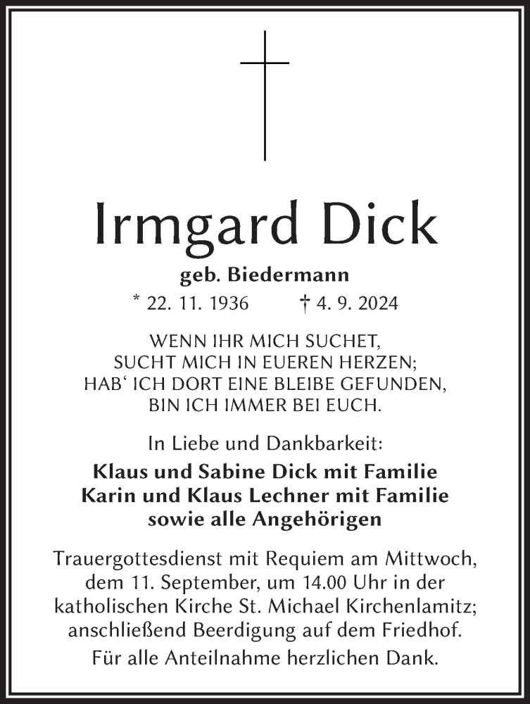  Traueranzeige für Irmgard Dick vom 07.09.2024 aus Frankenpost