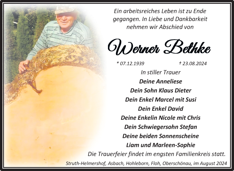  Traueranzeige für Werner Bethke vom 03.09.2024 aus Südthüringer Presse
