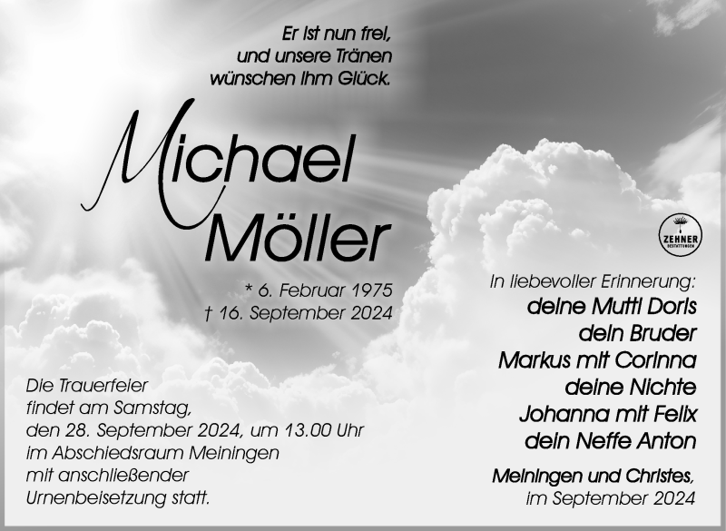 Traueranzeige für Michael Möller vom 21.09.2024 aus Südthüringer Presse