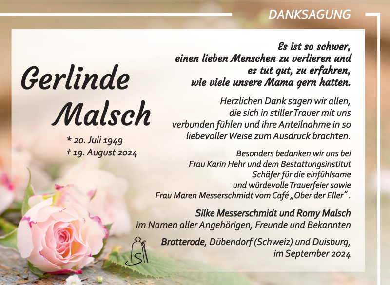  Traueranzeige für Gerlinde Malsch vom 27.09.2024 aus Südthüringer Presse