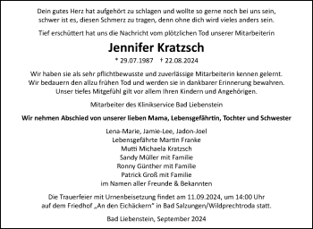 Traueranzeige von Jennifer Kratzsch von Südthüringer Presse