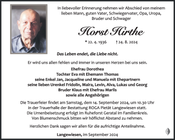 Traueranzeige von Horst Hirthe von Südthüringer Presse