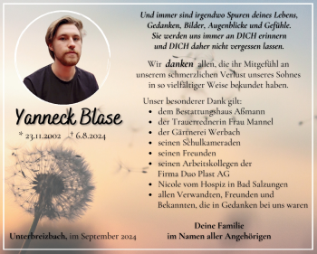 Traueranzeige von Yanneck Blase von Südthüringer Presse