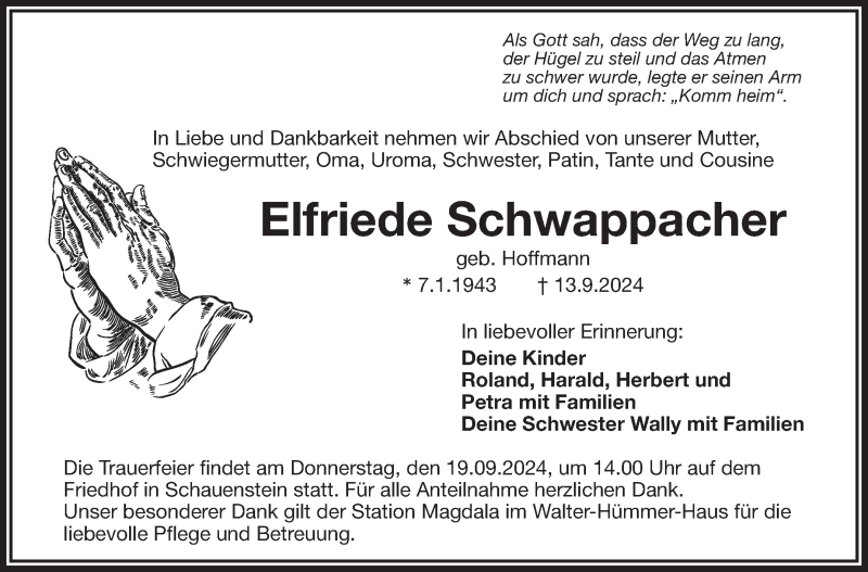  Traueranzeige für Elfriede Schwappacher vom 17.09.2024 aus Frankenpost