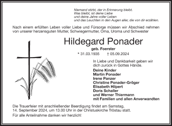Traueranzeige von Hildegard Ponader von Frankenpost