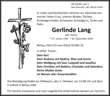 Traueranzeige von Gerlinde Lang von Frankenpost