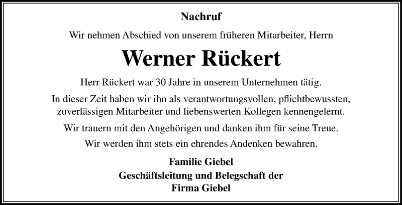  Traueranzeige für Werner Rückert vom 28.09.2024 aus Südthüringer Presse