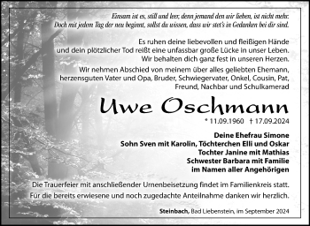 Traueranzeige von Uwe Oschmann von Südthüringer Presse
