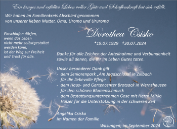 Traueranzeige von Dorothea Csisko von Südthüringer Presse
