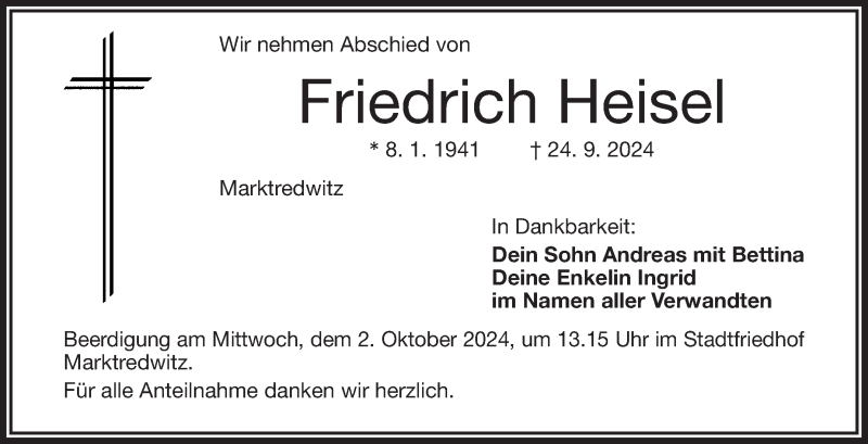  Traueranzeige für Friedrich Heisel vom 28.09.2024 aus Frankenpost