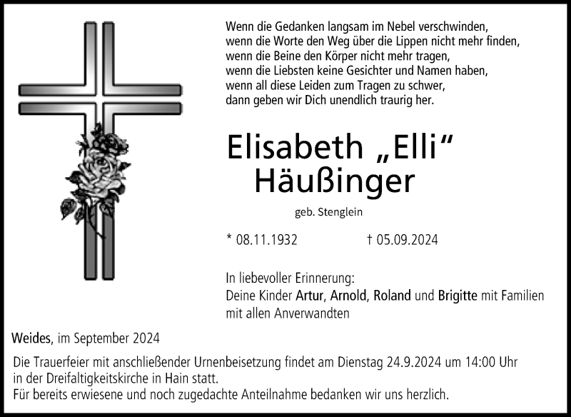  Traueranzeige für Elisbeth Häußinger vom 21.09.2024 aus Neue Presse Coburg