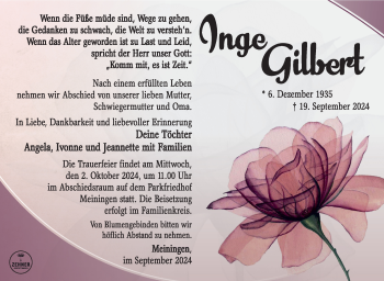Traueranzeige von Inge Gilbert von Südthüringer Presse