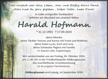 Traueranzeige von Harald Hofmann von Südthüringer Presse