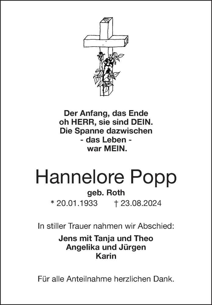  Traueranzeige für Hannelore Popp vom 07.09.2024 aus Frankenpost