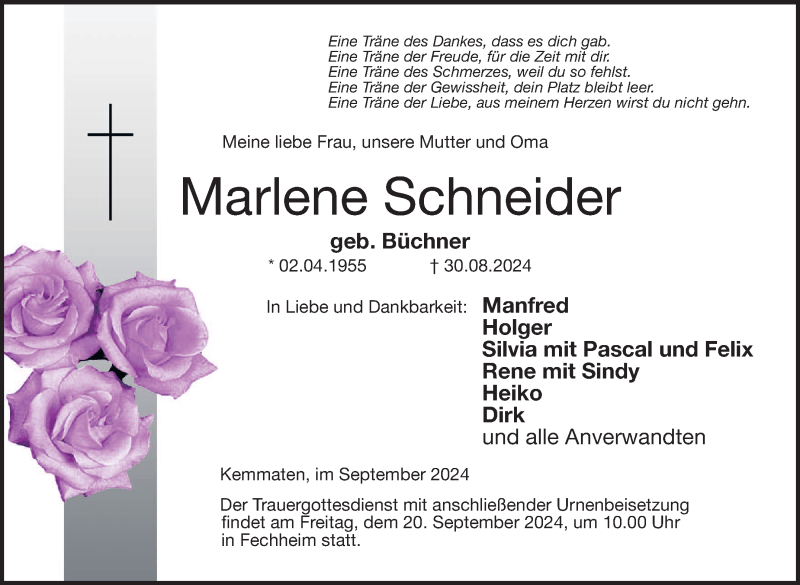  Traueranzeige für Marlene Schneider vom 17.09.2024 aus Neue Presse Coburg