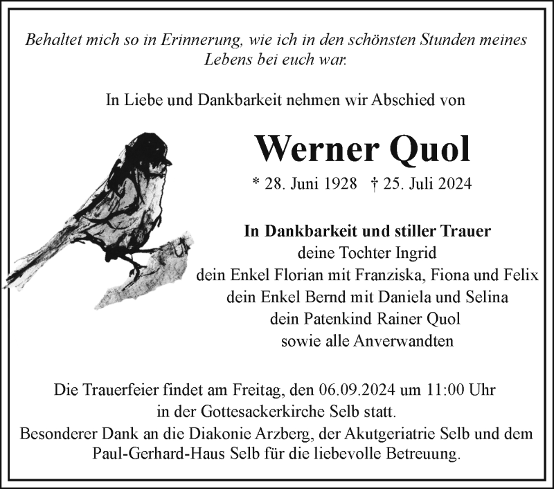  Traueranzeige für Werner Quol vom 03.09.2024 aus Frankenpost