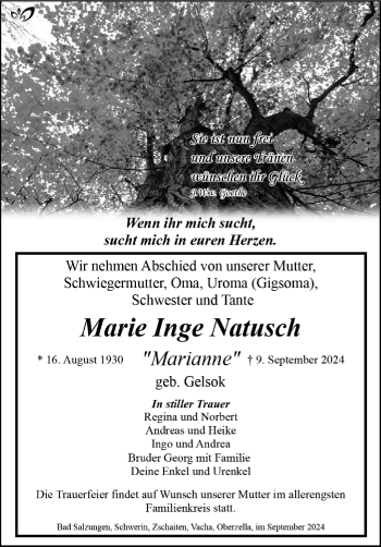 Traueranzeige von Marie Inge Natusch von Südthüringer Presse