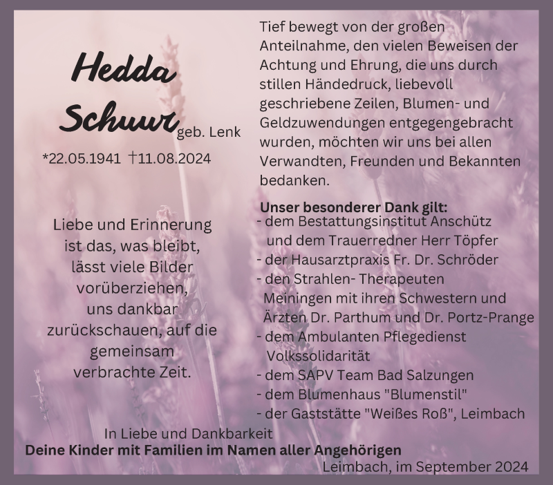  Traueranzeige für Hedda Schuur vom 11.09.2024 aus Südthüringer Presse