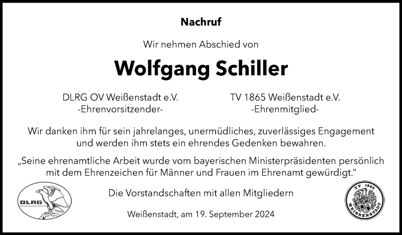  Traueranzeige für Wolfgang Schiller vom 19.09.2024 aus Frankenpost