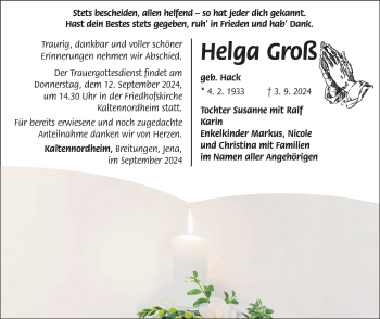 Traueranzeige von Helga Groß von Südthüringer Presse