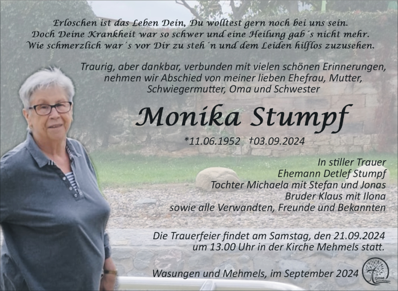  Traueranzeige für Monika Stumpf vom 14.09.2024 aus Südthüringer Presse