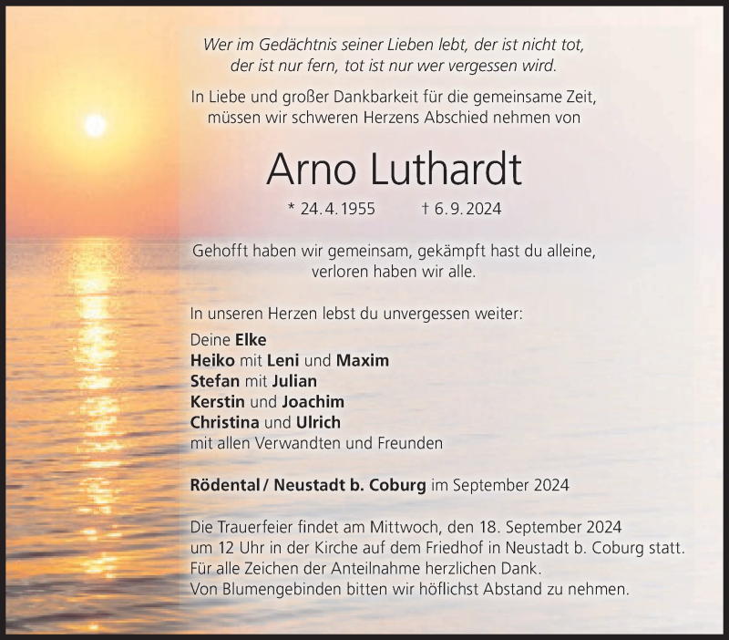  Traueranzeige für Arno Luthardt vom 14.09.2024 aus Neue Presse Coburg