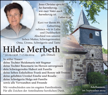 Traueranzeige von Hilde Merbeth von Südthüringer Presse