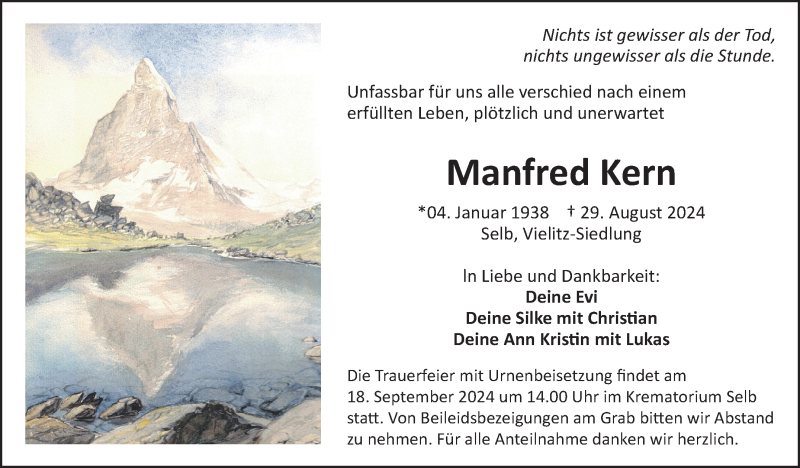  Traueranzeige für Manfred Kern vom 14.09.2024 aus Frankenpost
