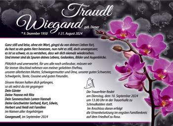 Traueranzeige von Traudl Wiegand von Südthüringer Presse