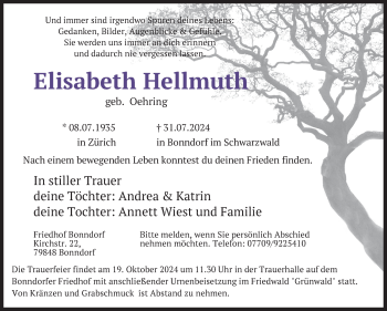 Traueranzeige von Elisabeth Hellmuth von Südthüringer Presse
