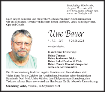 Traueranzeige von Uwe Bauer von Südthüringer Presse