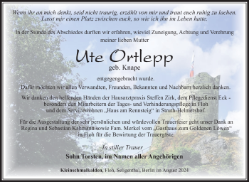 Traueranzeige von Ute Ortlepp von Südthüringer Presse