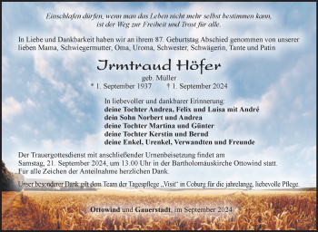 Traueranzeige von Irmtraud Höfer von Neue Presse Coburg